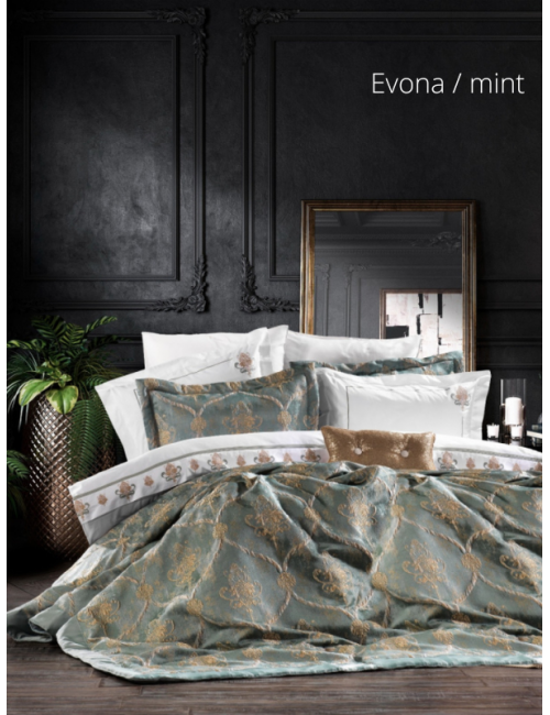 Zebra Casa - Evona (mint) Шикарный набор КПБ c покрывалом и одеялом Евро из 11-ти предметов